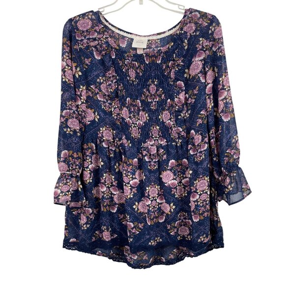 Knox Rose Tops - Knox Rose Floral Peasant Blouse With Ruffle Sleeves & Lace Hem Womens Size L
